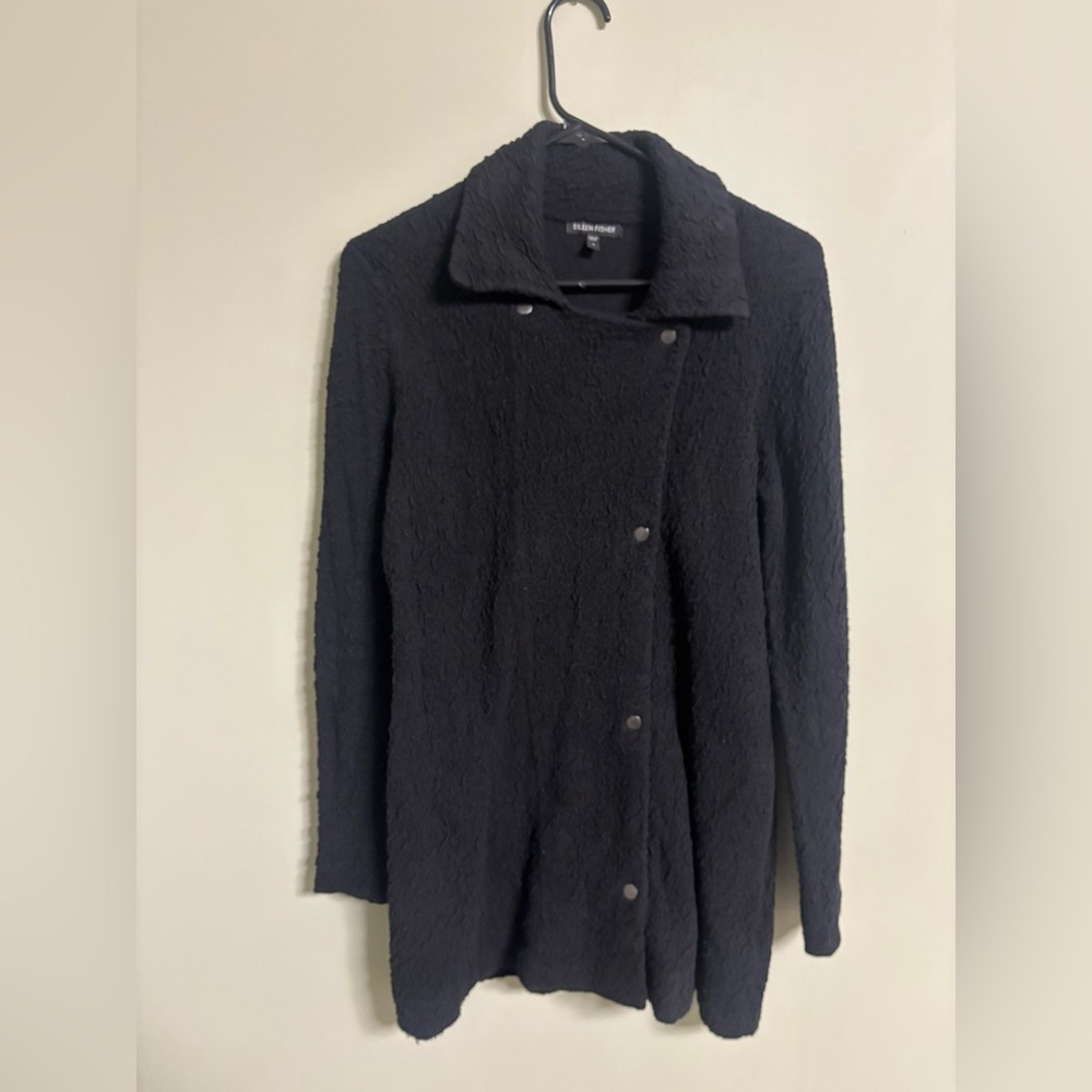 Eileen Fisher Textured Boucle Thick Jacket Snap Front Knit Black Size Small